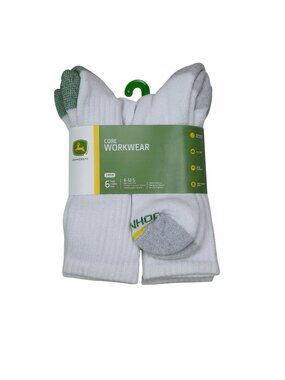 John Deere Core Workwear Mens Crew Socks 6-Pack Size 6-12.5 White Cushioned